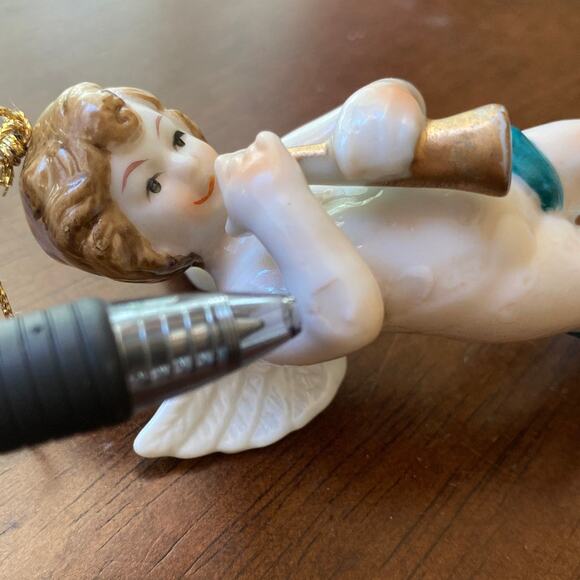 Vintage Cherub Angel Trumpet Ornament On Cloud antique? Wing Winged Chubby fair - Picture 5 of 12